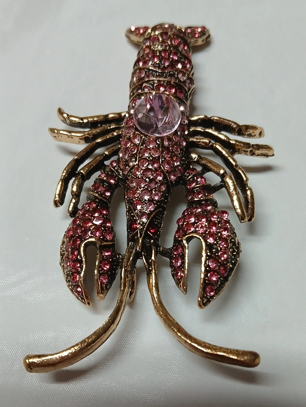 Large Lobster Brooch Pin Goldtone Metal Encrusted w/ Pink Crystals RARE Jewelry